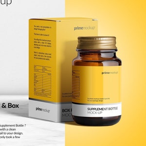 Supplement bottle and cardboard box mockup, High Resolution PSD (Digital Download)
