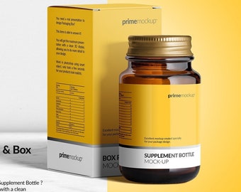 Supplement bottle and cardboard box mockup, High Resolution PSD (Digital Download)