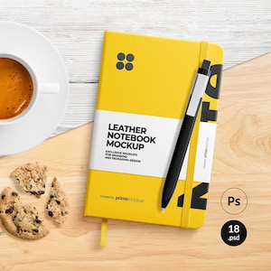 Maqueta de tapa dura de cuaderno de cuero, maqueta de cuaderno, plantilla de bloc de notas, personalizable, maqueta PSD de alta resolución, descarga digital instantánea.