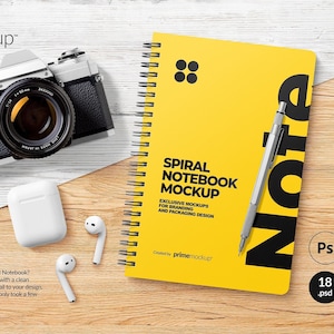 Conjunto de maquetas de cuaderno en espiral, paquete de maquetas de cuaderno, plantilla de bloc de notas personalizable, PSD de alta resolución, descarga digital instantánea.