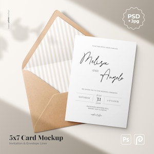 May include: A 5x7 card mockup featuring a white wedding invitation and a brown envelope. The invitation displays the names "Melisa and Angelo" in script, plus wedding details. The envelope's interior has a striped design.