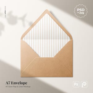 A7 Euro-kuvert med flik och insatsmockup, 5x7 bröllopsinbjudan och gratulationskort, redigerbart kuvert och bakgrund, PSD (digital nedladdning)