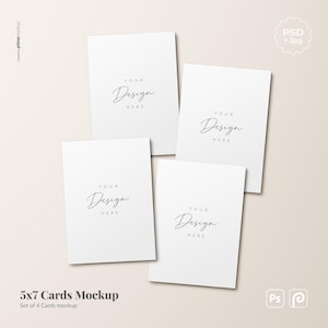 May include: A set of four vertical 5x7 inch white rectangular cards arranged in a scattered overlapping layout. Each card features the black printed text "YOUR Design HERE" in a combination of sans-serif and script fonts on a plain surface.