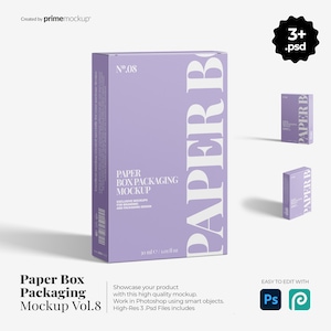 May include: A lavender paper box packaging mockup with the text "PAPER B" in large white letters. The box has the text "PAPER BOX PACKAGING MOCKUP" and "30 ml / 1.01 fl oz". The image also includes smaller boxes and icons.