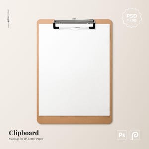 May include: A brown clipboard with a silver metal clip at the top holding a blank sheet of white US letter paper. The image includes text that reads Clipboard Mockup for US Letter Paper, PSD + Jpg, and created by primemockup.