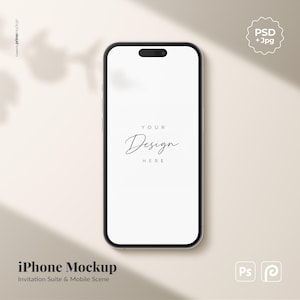 May include: A black iPhone mockup with a white screen displaying the text "YOUR Design HERE." The phone is centered on a light beige surface. The words "iPhone Mockup" and "Invitation Suite & Mobile Scene" are at the bottom.