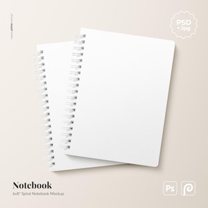 May include: Two blank white spiral-bound notebooks with silver metal coils, positioned overlapping each other. The notebooks are labeled as a 6x8 inch spiral notebook mockup, featuring a clean, minimalist design suitable for digital graphic display.