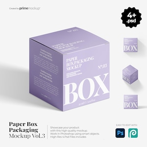 May include: A light purple paper box packaging mockup with the text "BOX" in large white letters. The box has the text "Paper Box Packaging Mockup" and "No. 03". The image also includes smaller boxes and text.
