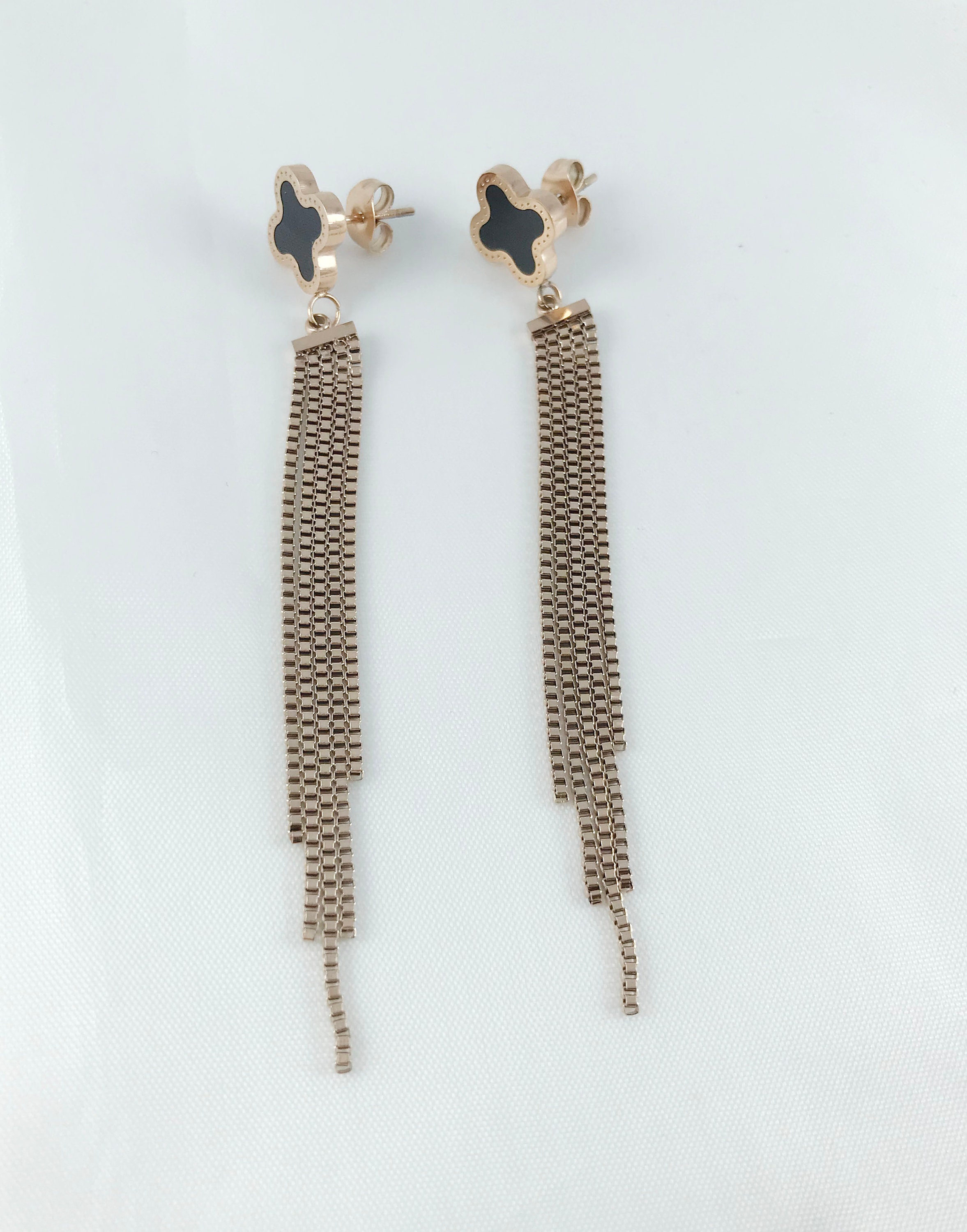 18k Gold Long Tassel,fourleaf Tassel Earrings,rose Gold Tassel