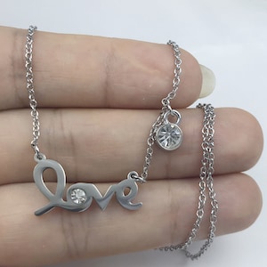 Cadena de clavícula con diamantes y letras de amor, cadena de clavícula con piedra de nacimiento, cadena de clavícula de amor, acero, oro, cadena de oro rosa, regalo para un amigo, regalo de amor