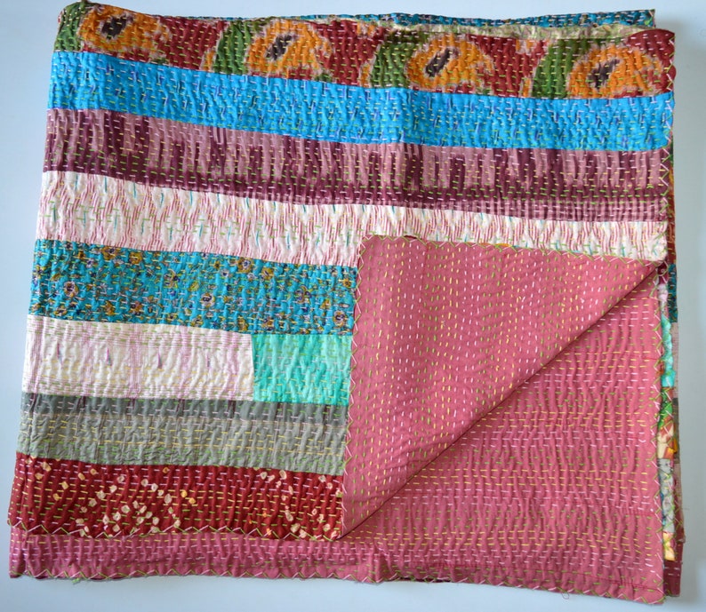 Handmade Kantha Bedding Bedspread Patola Silk Indian Patchwork Gudari Quilt PS-09