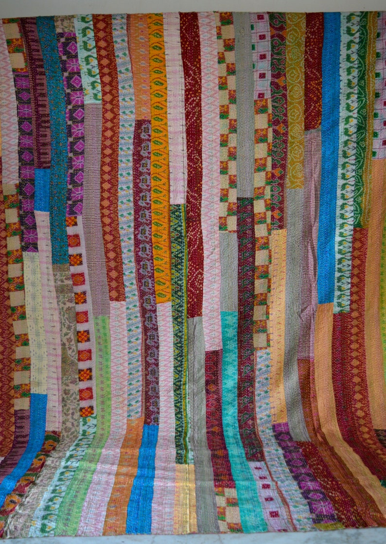 Handmade Kantha Bedding Bedspread Patola Silk Indian Patchwork Gudari Quilt PS-09