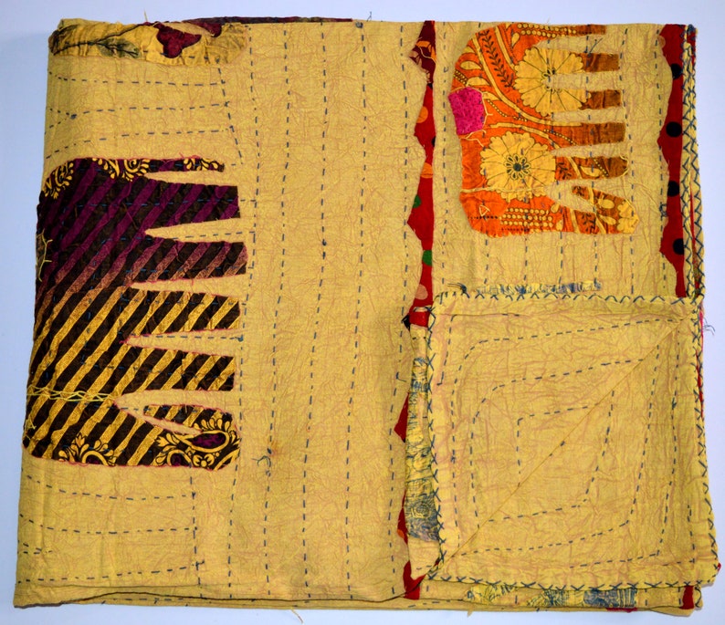 Elephant Patchwork Quilt Handmade Bedding Bedspread Applique Kantha Embroidered Indian Kantha Quilt