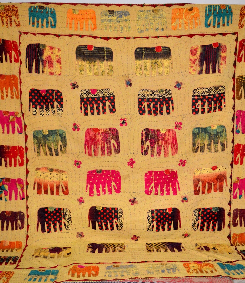 Elephant Patchwork Quilt Handmade Bedding Bedspread Applique Kantha Embroidered Indian Kantha Quilt