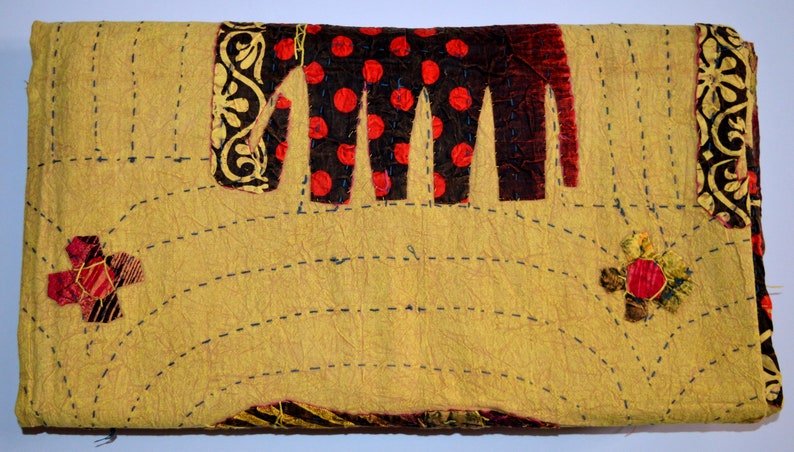 Elephant Patchwork Quilt Handmade Bedding Bedspread Applique Kantha Embroidered Indian Kantha Quilt