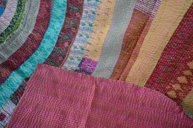 Handmade Kantha Bedding Bedspread Patola Silk Indian Patchwork Gudari Quilt PS-09