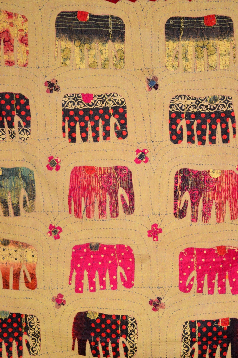 Elephant Patchwork Quilt Handmade Bedding Bedspread Applique Kantha Embroidered Indian Kantha Quilt