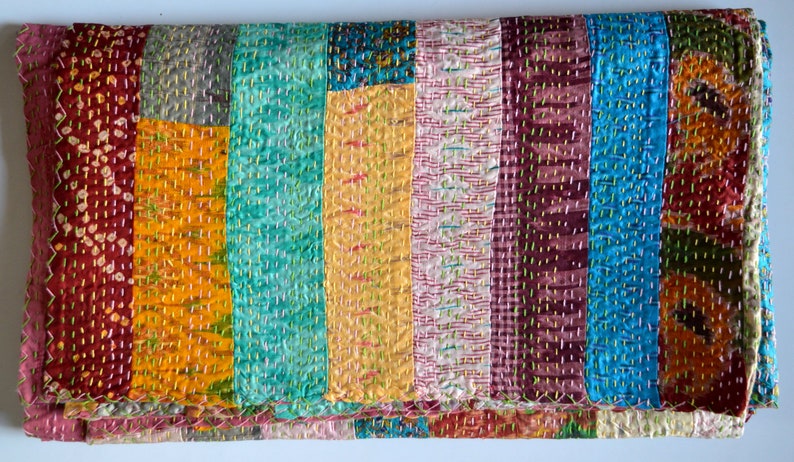 Handmade Kantha Bedding Bedspread Patola Silk Indian Patchwork Gudari Quilt PS-09