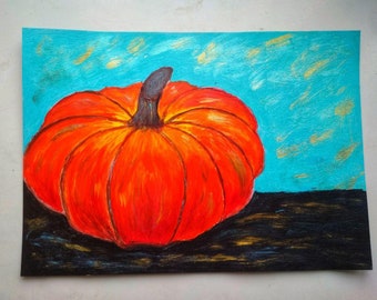 Acrylic painting on cardboard A4 with a poem on the back. Pumpkin.