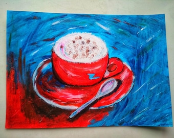 Acrylic painting on cardboard A4 with a poem on the back. A cup of coffee.