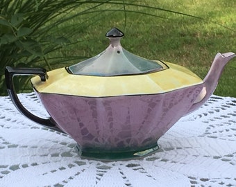 Vintage multi-colored Victoria Czecho-Slovakia lustreware geometric ceramic teapot