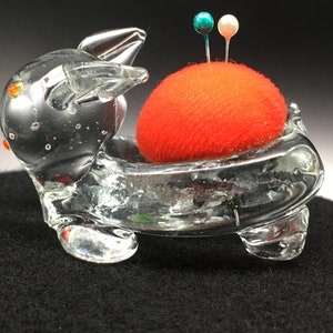 NOS, glass rabbit pincushion with original box