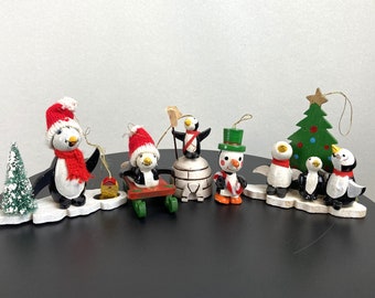 Set of 5, Vintage, Wooden, Penguin themed, Holiday/Seasonal Decor