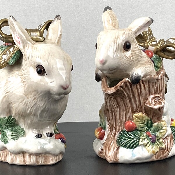 1996, Fitz and Floyd, ceramic, Bunny Rabbit Open Creamer and Lidded Sugar Bowl with Spoon