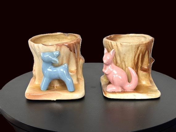 Vintage, unmarked, ceramic, blue deer by a tree or pink kangaroo by a tree, planters