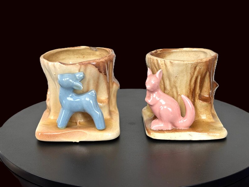 Vintage, unmarked, ceramic, blue deer by a tree or pink kangaroo by a tree, planters image 1