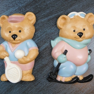 Set of 2, vintage, Burwood, sports/athletic teddy bear, wall decor
