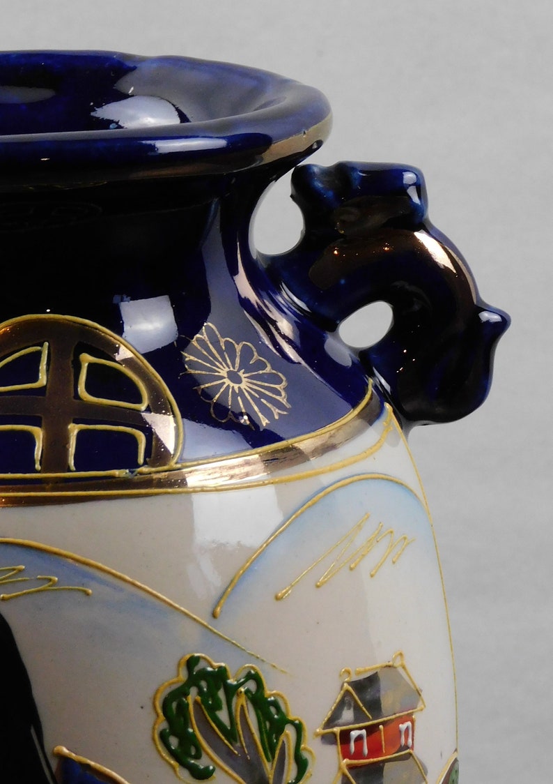 Vintage, Japanese, Porcelain, Cobalt blue, Moriage Satsuma Vase with Foo Dog Handles image 3