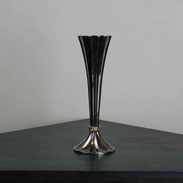 1991, International Silver Company, Silverplated Bud Vase with Applied, Gold-Tone, Woven Metal Ring