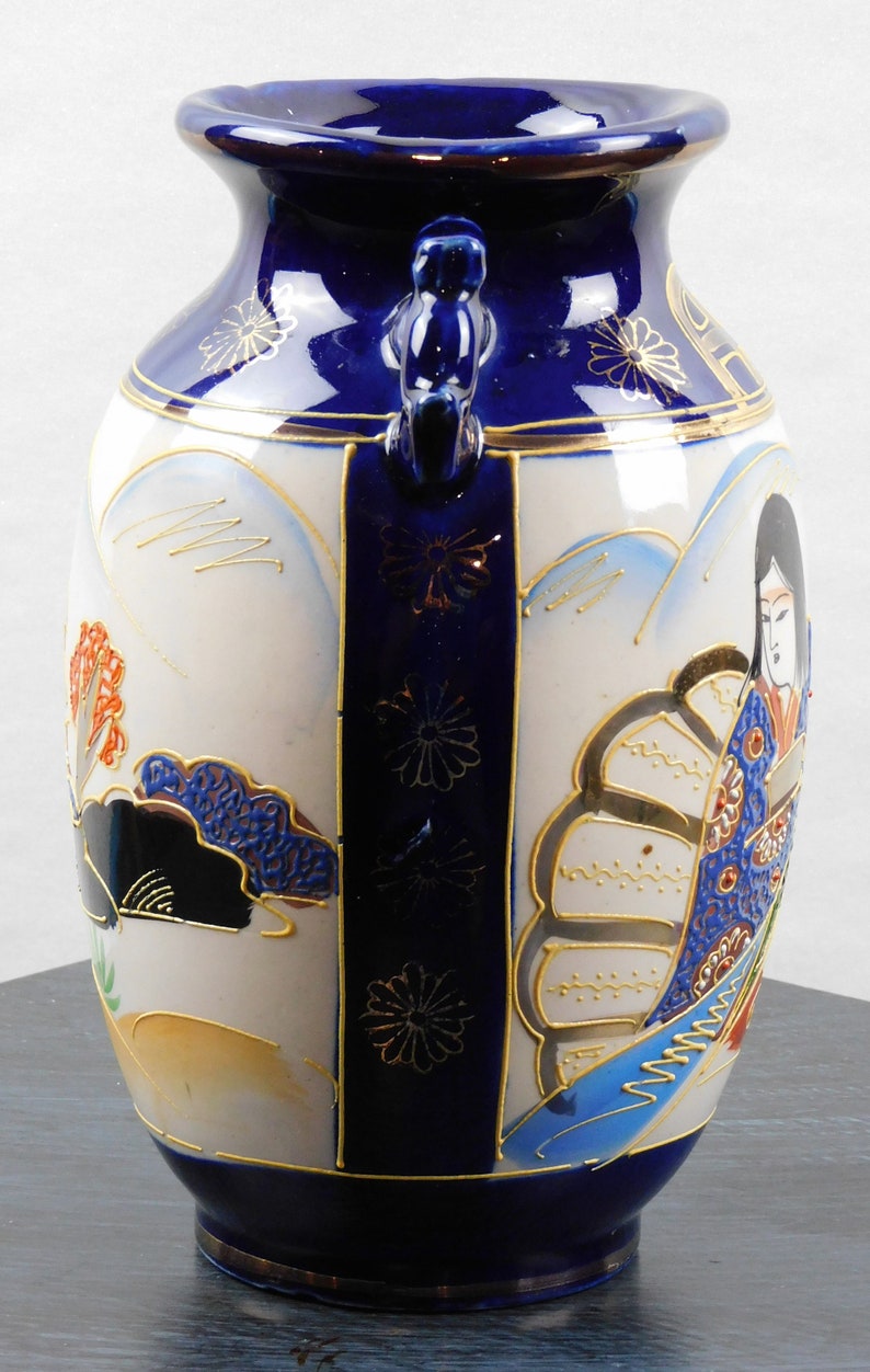 Vintage, Japanese, Porcelain, Cobalt blue, Moriage Satsuma Vase with Foo Dog Handles image 6