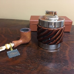 Vintage signed Italian Tomasso Barbi brown ceramic and metal table lighter