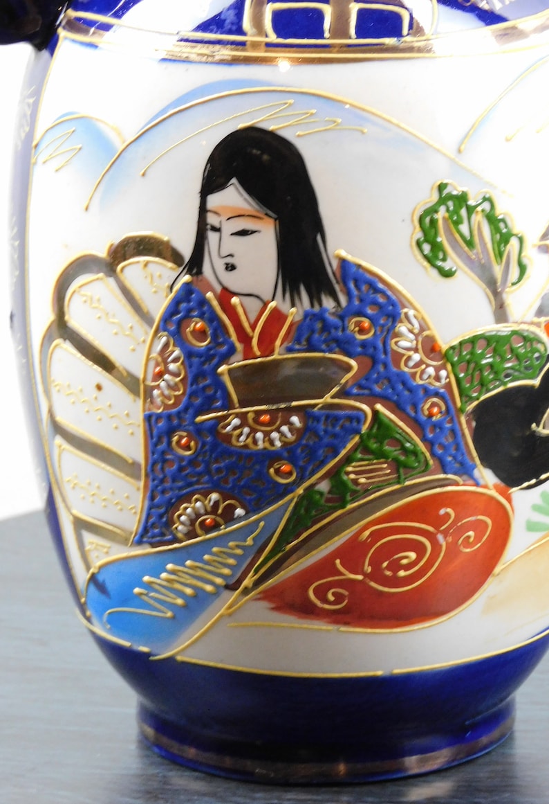Vintage, Japanese, Porcelain, Cobalt blue, Moriage Satsuma Vase with Foo Dog Handles image 2