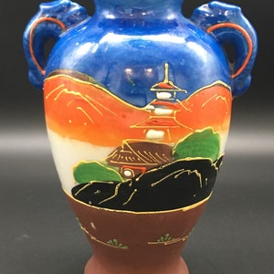 Vintage, Japanese moriage, small, Pagoda vase with double dragon handles