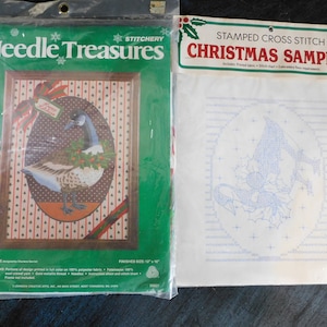 NOS, Bucilla, Stamped Cross Stitch, Christmas Sampler, &quot;Holiday Goose&quot; pattern and Needle Treasures Stitchery &quot;Holiday Goose&quot; Kit