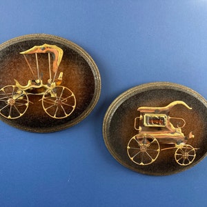 Pair of metal sculpture, 3D, antique car and ice truck on wooden plaque, wall art/decor