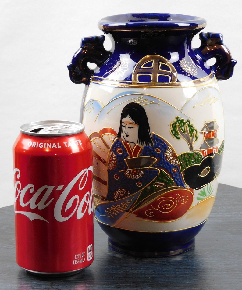 Vintage, Japanese, Porcelain, Cobalt blue, Moriage Satsuma Vase with Foo Dog Handles image 10