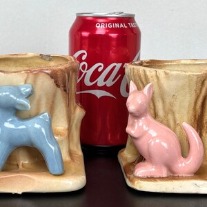 Vintage, unmarked, ceramic, blue deer by a tree or pink kangaroo by a tree, planters image 13