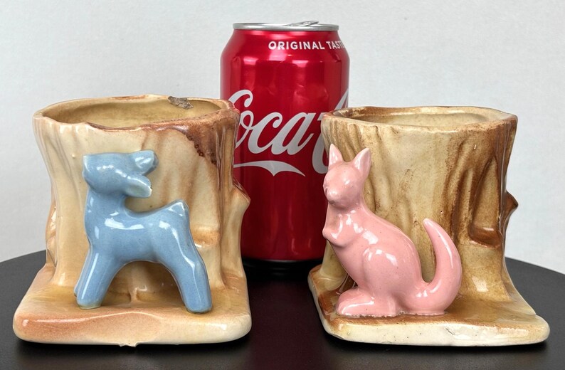 Vintage, unmarked, ceramic, blue deer by a tree or pink kangaroo by a tree, planters image 13