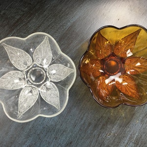 Set of Mid-century, clear and amber, Anchor Hocking Renaissance Beaded Leaf bowls