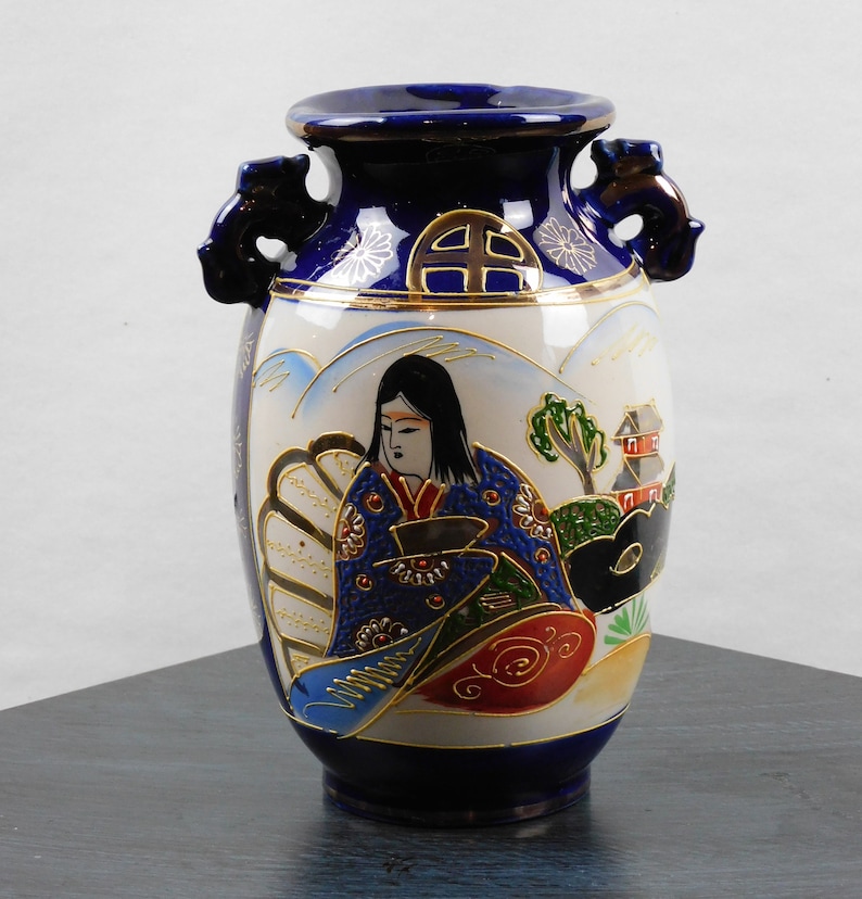 Vintage, Japanese, Porcelain, Cobalt blue, Moriage Satsuma Vase with Foo Dog Handles image 1