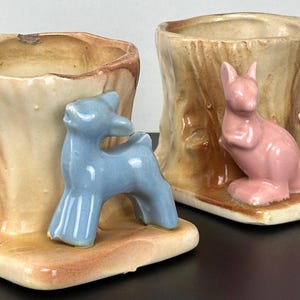 Vintage, unmarked, ceramic, blue deer by a tree or pink kangaroo by a tree, planters image 4