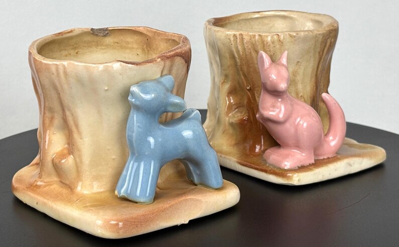 Vintage, unmarked, ceramic, blue deer by a tree or pink kangaroo by a tree, planters image 4