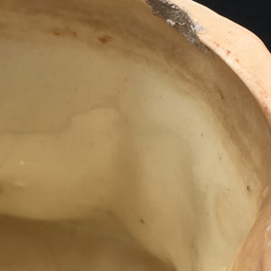 May include: Close-up of the inside of a ceramic planter, showing a small chip on the rim. The planter is a light beige color.