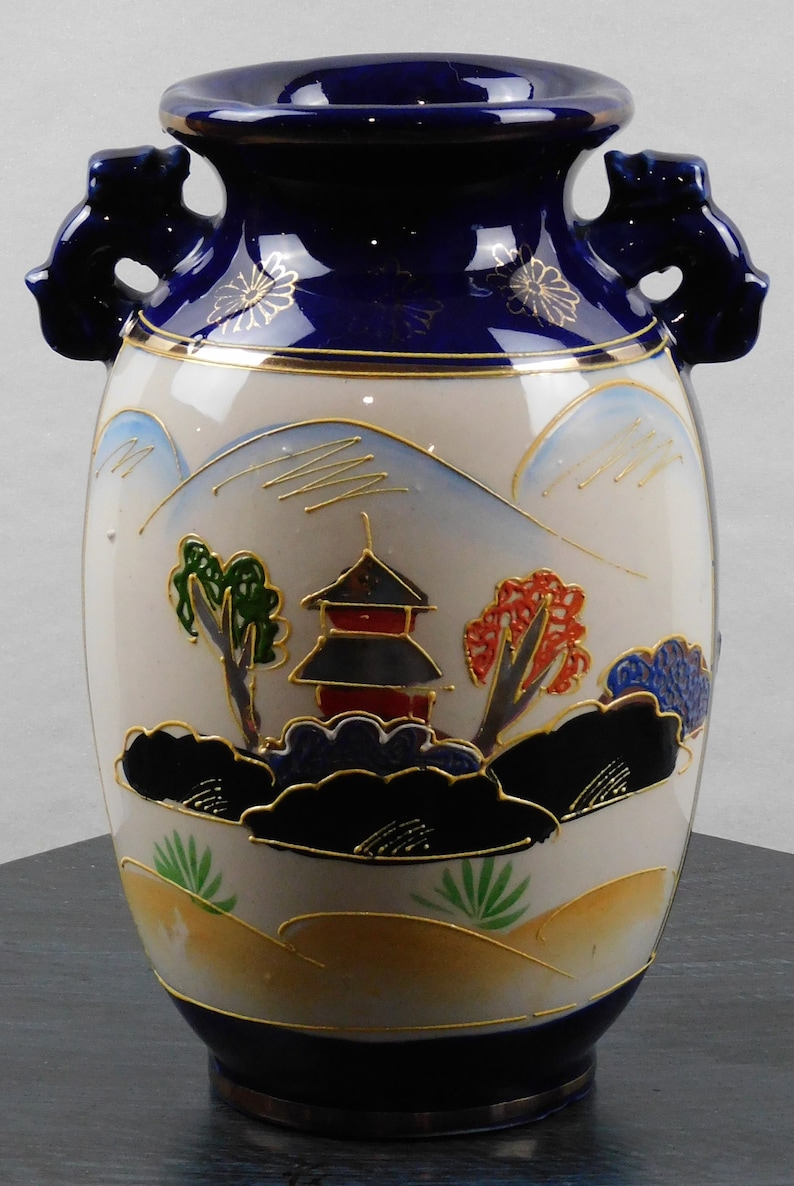 Vintage, Japanese, Porcelain, Cobalt blue, Moriage Satsuma Vase with Foo Dog Handles image 4