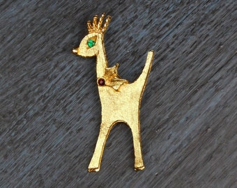 Vintage, gold-tone metal, reindeer brooch with rhinestone accents