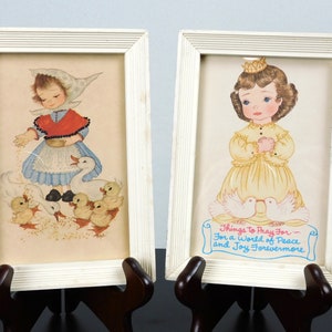 Pair of small, vintage, nursery or child&#39;s room prints in wooden frames